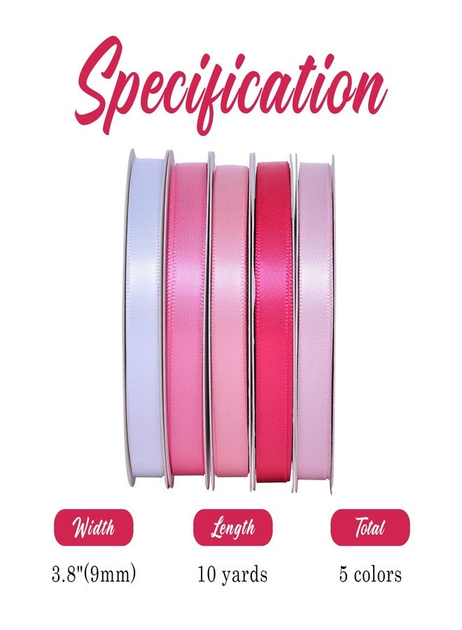 Ribest Pink Double Faced Satin Ribbon Set, 3/8 Inch White, Light Pink, Pink, Hot Pink, Fuchsia Ribbons for Valentine's Day Gift Wrapping Crafts Wedding Baby Shower, 5 Rolls × 10 Yards Total 50 Yards - Image 3